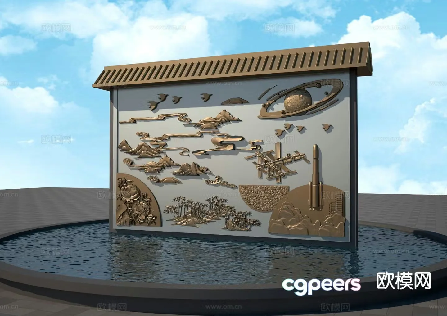 New Chinese style landscape wall relief wall 3D model