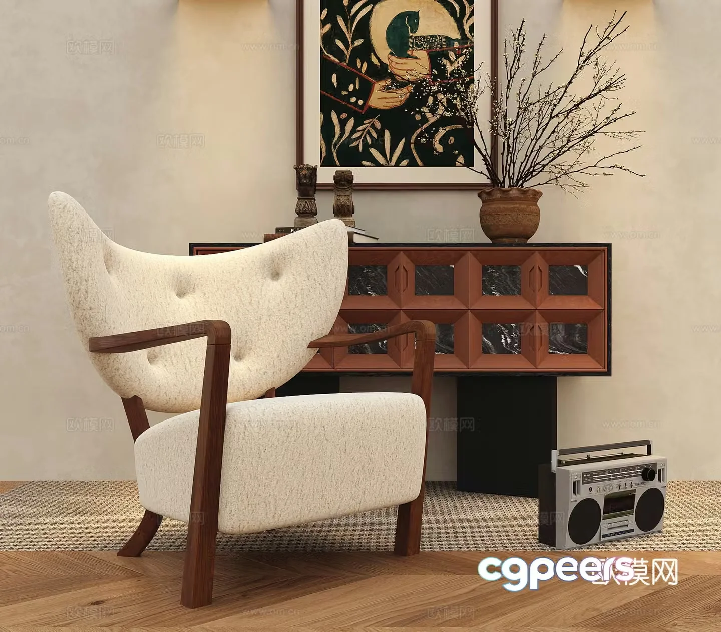 French single sofa casual sofa decorative cabinet porch cabinet decorative painting retro radio 3d model