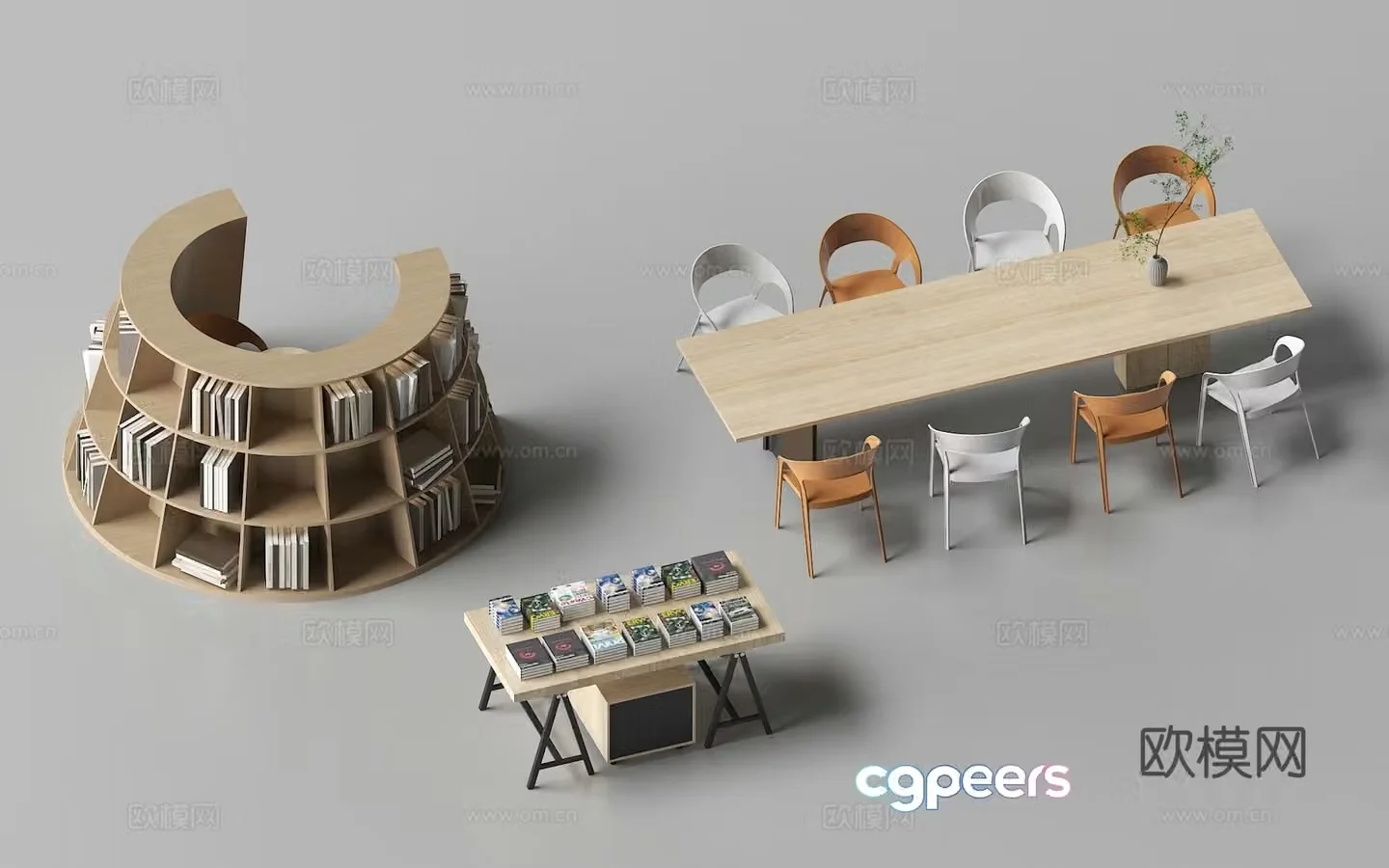 Casual bench casual table and chairs bookshelf 3d model