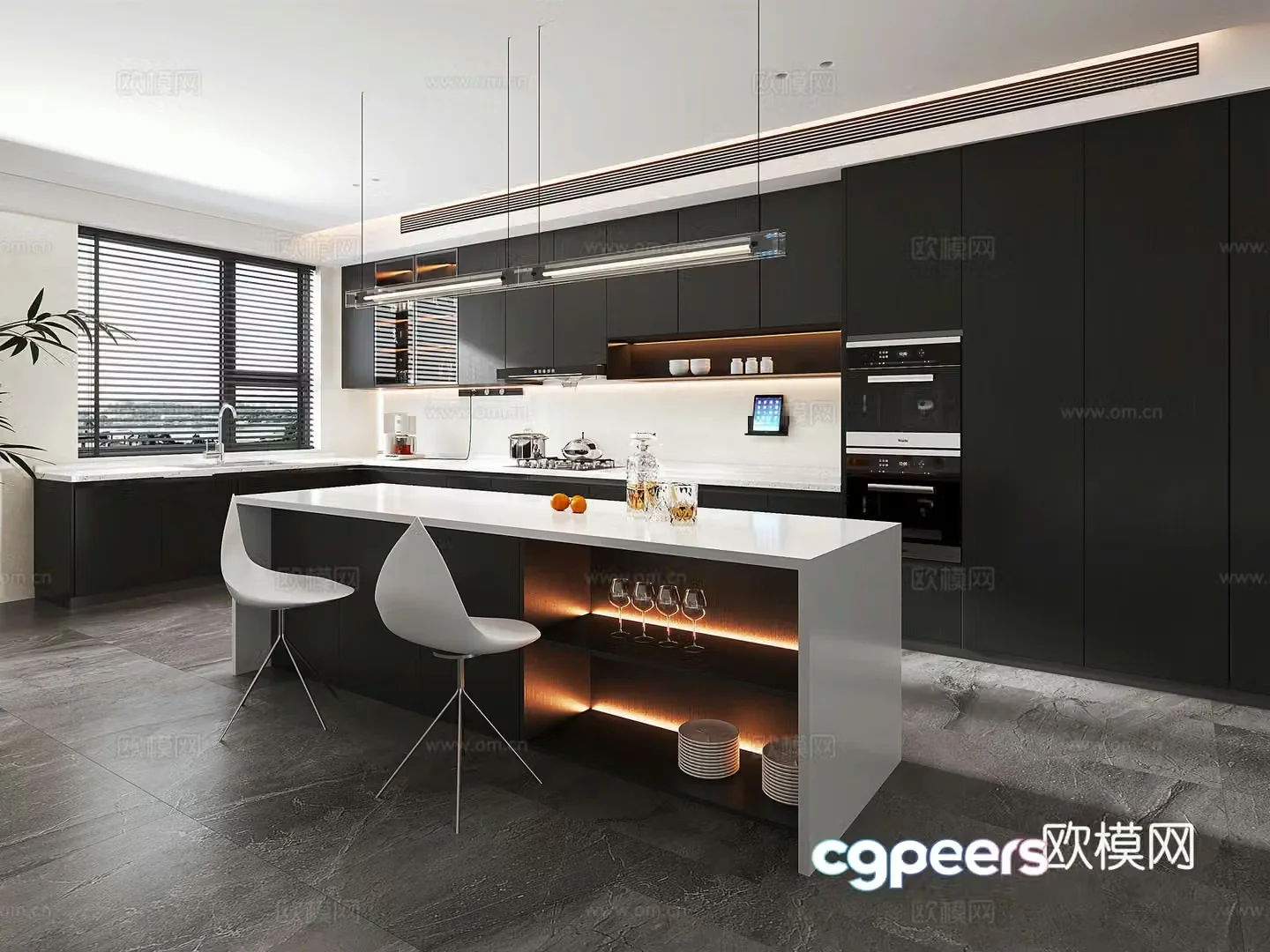 Italian style open kitchen dining cabinet dining bar dining chair dining chandeliers kitchen 3d model