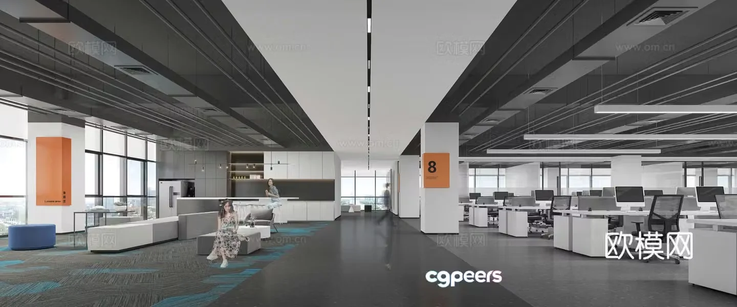 Modern open office area elevator hall 3d model