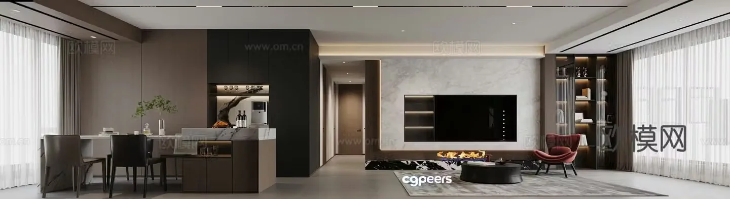 Modern living and dining room 3d model