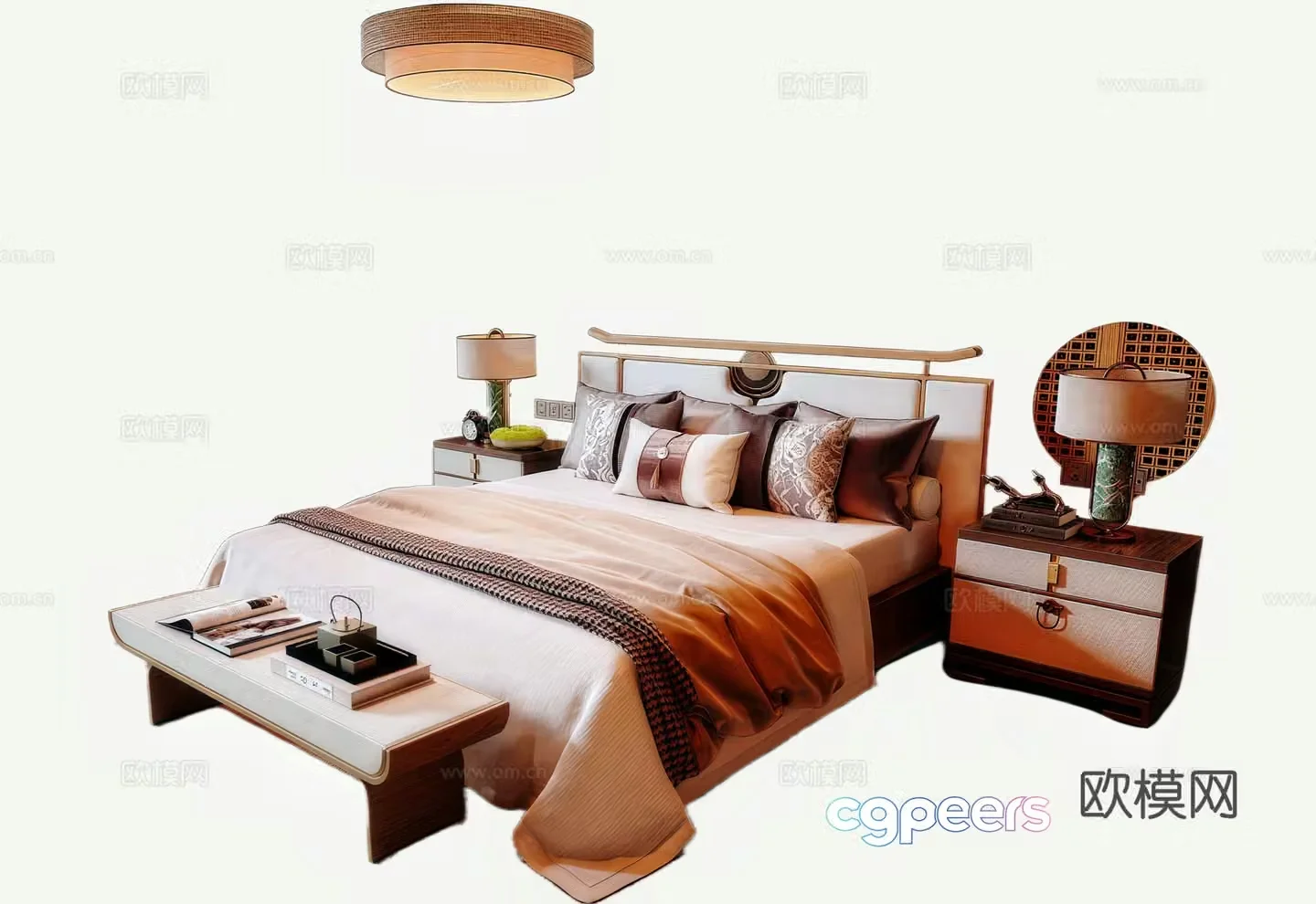 New Chinese Song style double bed bed nightstand 3D model