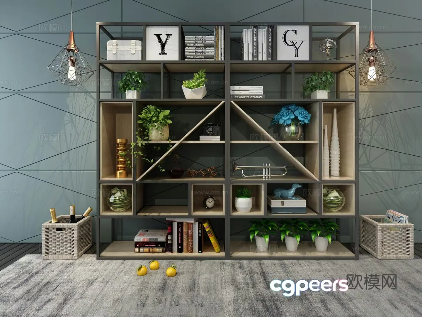 Modern industrial style personalized original shelf ornaments chandelier green plants bamboo basket 3D model