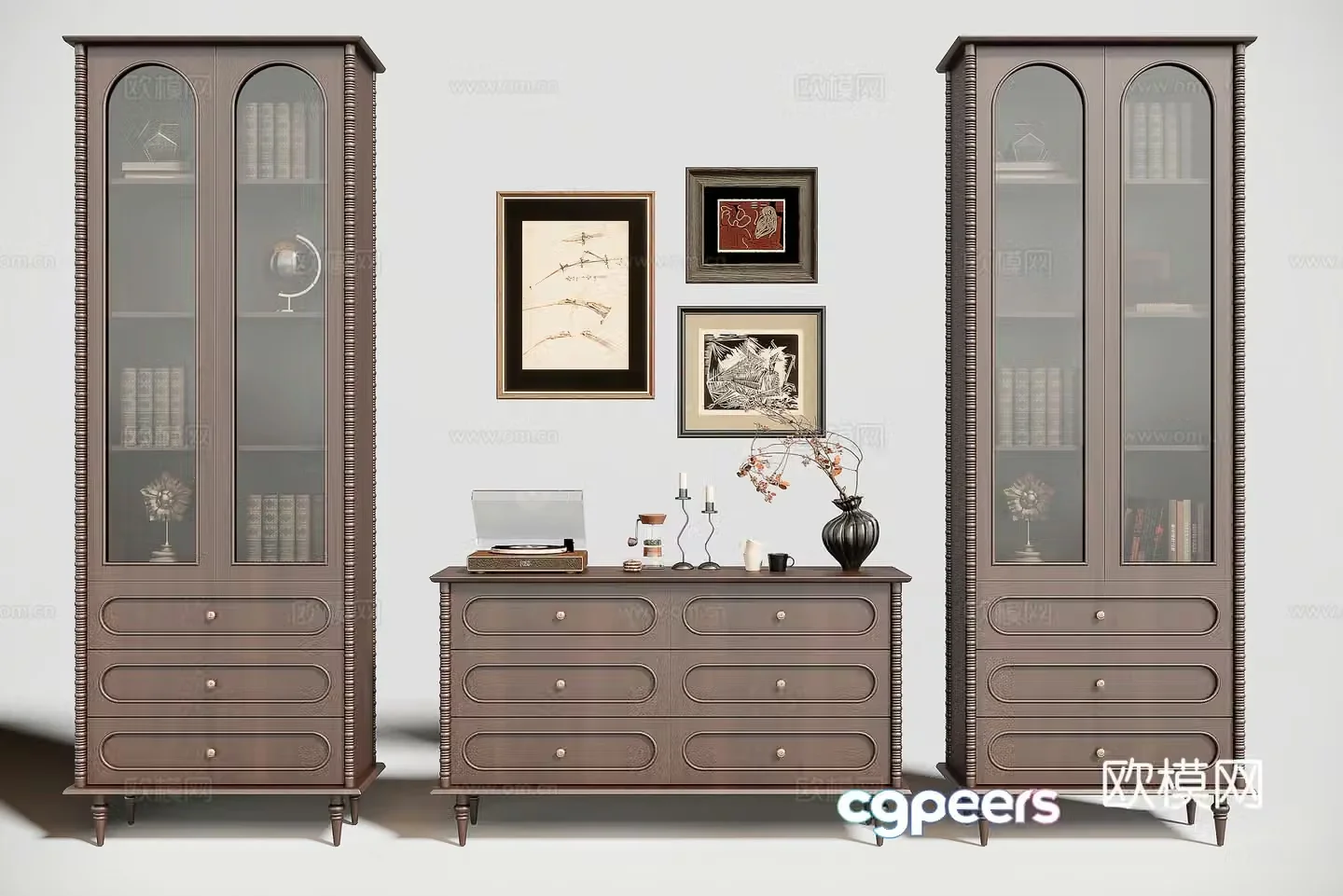 American solid wood finished bookcase chest of drawers 3D model