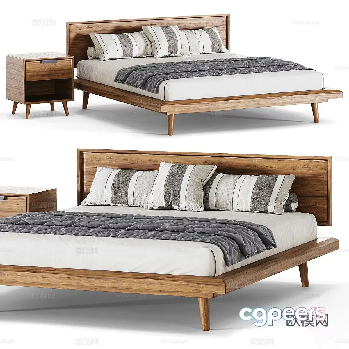 New Chinese style log style double solid wood bed 3D model