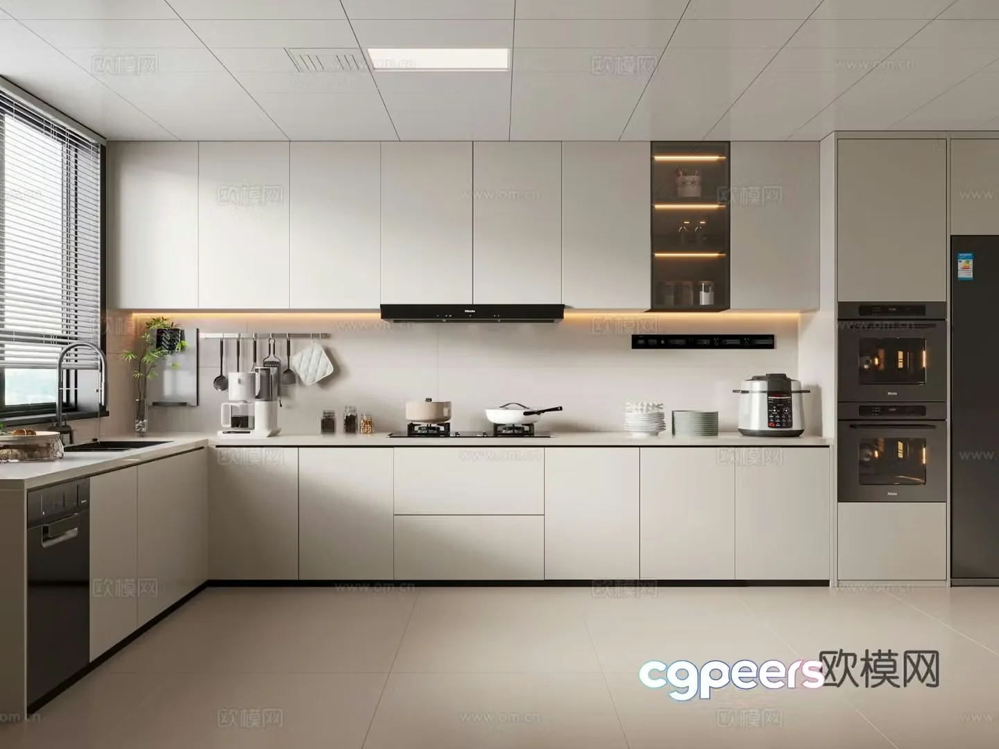 Creamy kitchen cabinet kitchen utensils stove refrigerator kitchen appliances 3d model