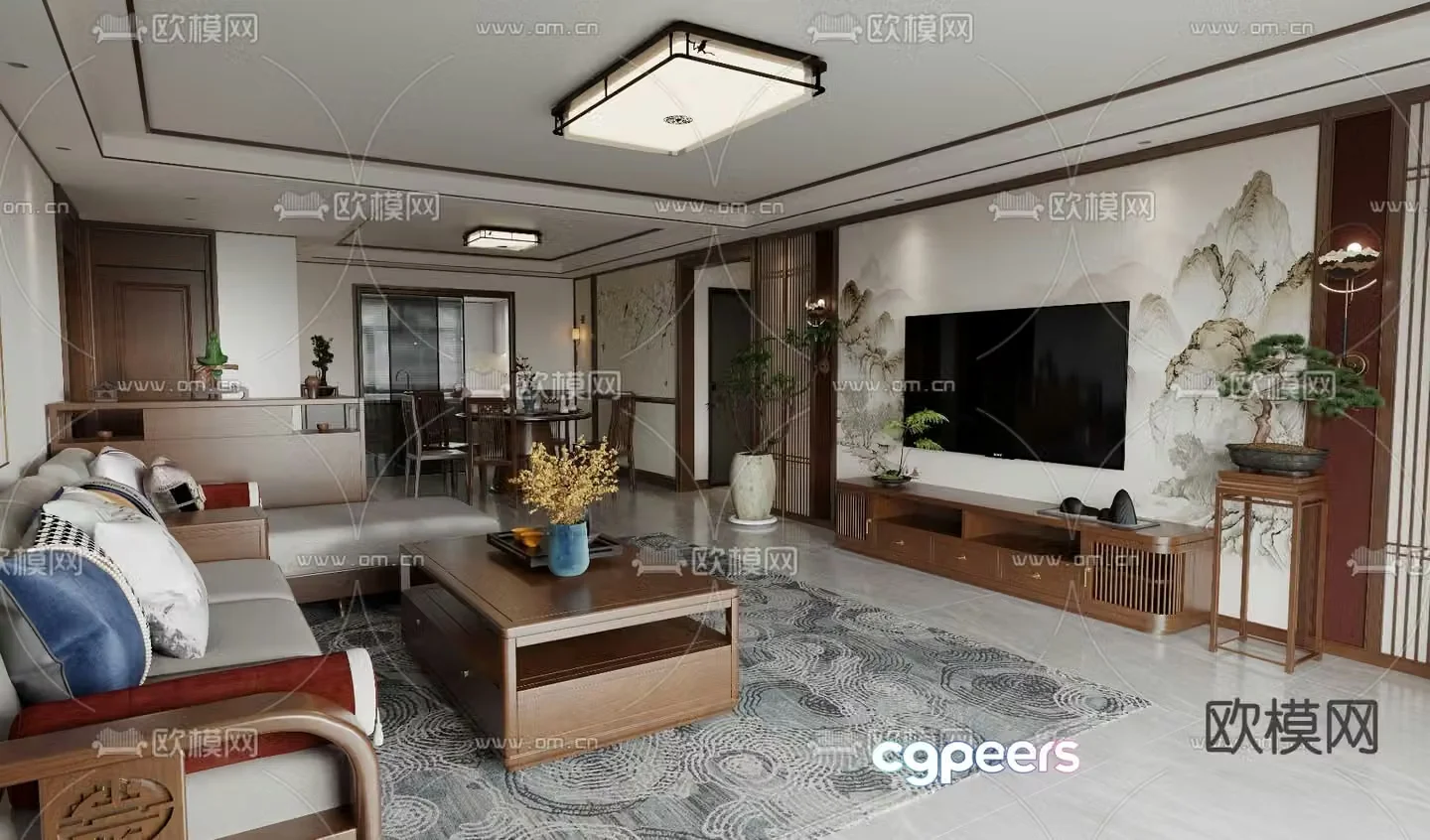 New Chinese style living and dining room 3D model