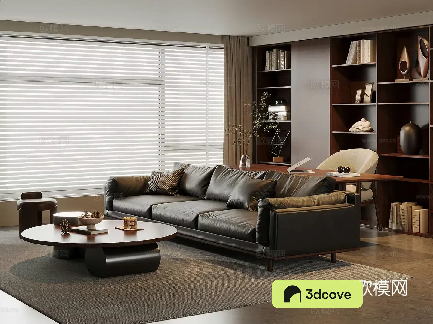 American medieval style living room leather sofa and coffee table combination solid wood desk and chair solid wood bookcase
