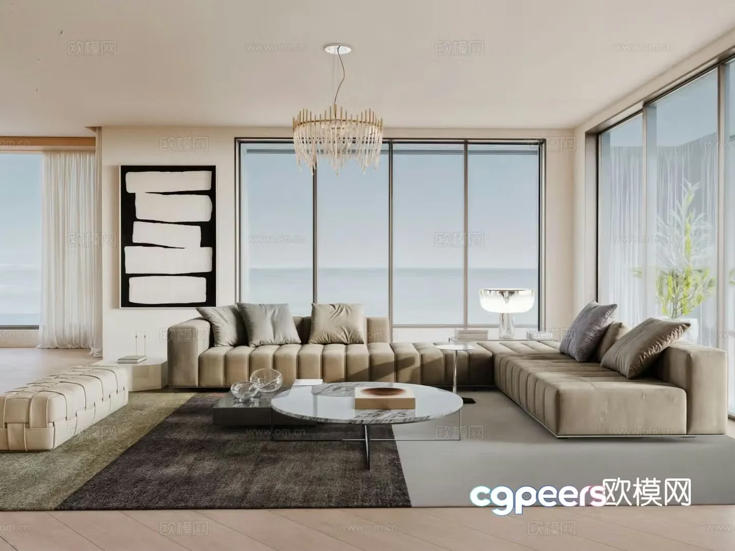 Modern living room sea view living room sofa combination sideboard chandelier 3d model