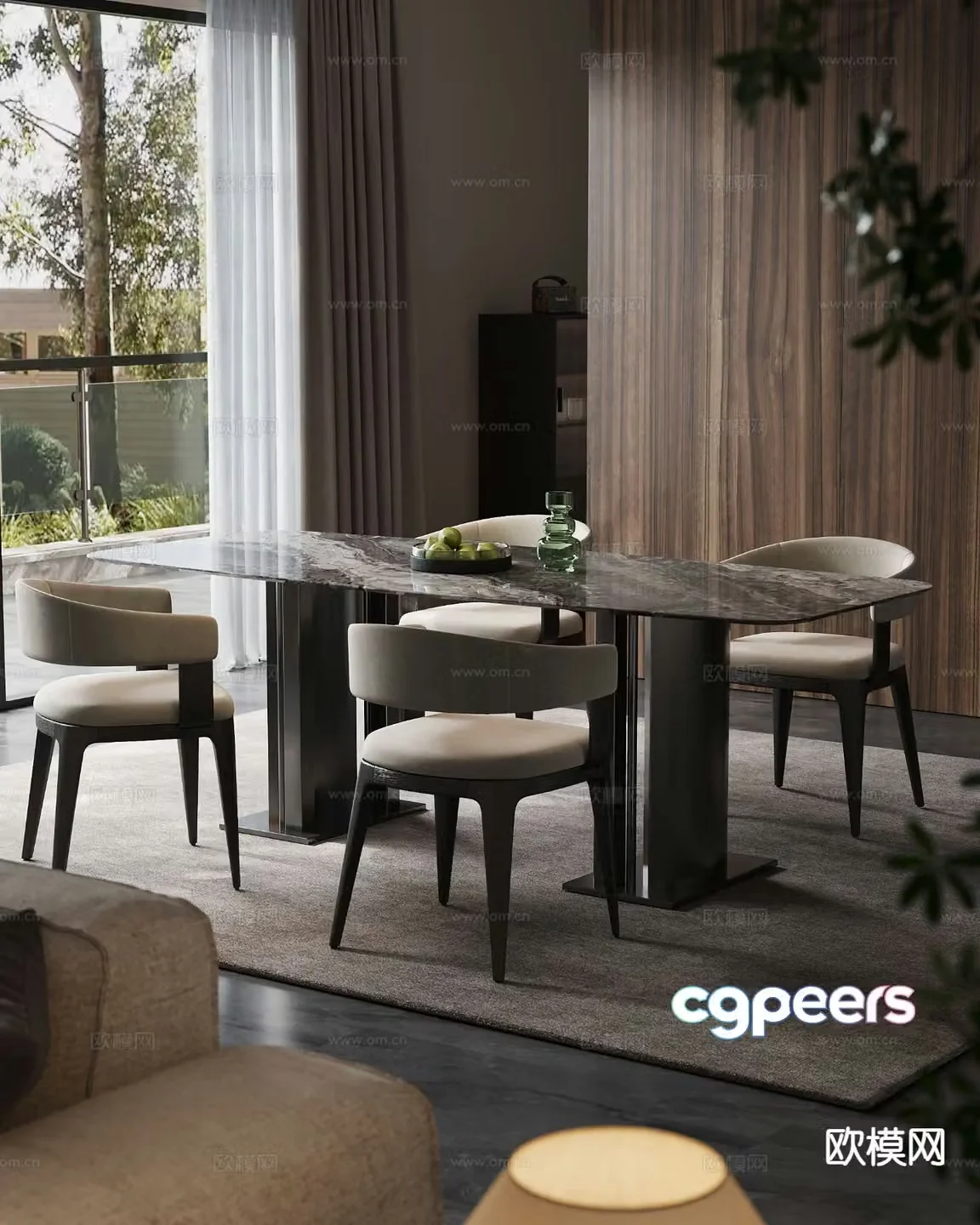 Italian long dining table and chairs 3D model
