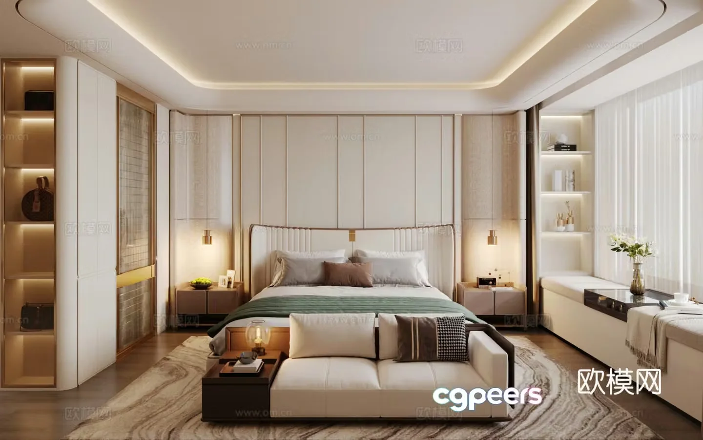 Modern Italian home bedroom Italian light luxury home bedroom Italian backrest double bed without owner light 3D model