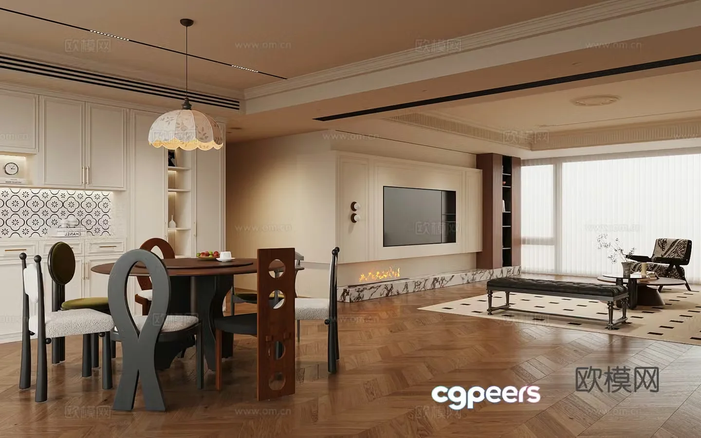 French medieval style living room dining room dining table and chair wine cabinet TV background wall 3d model