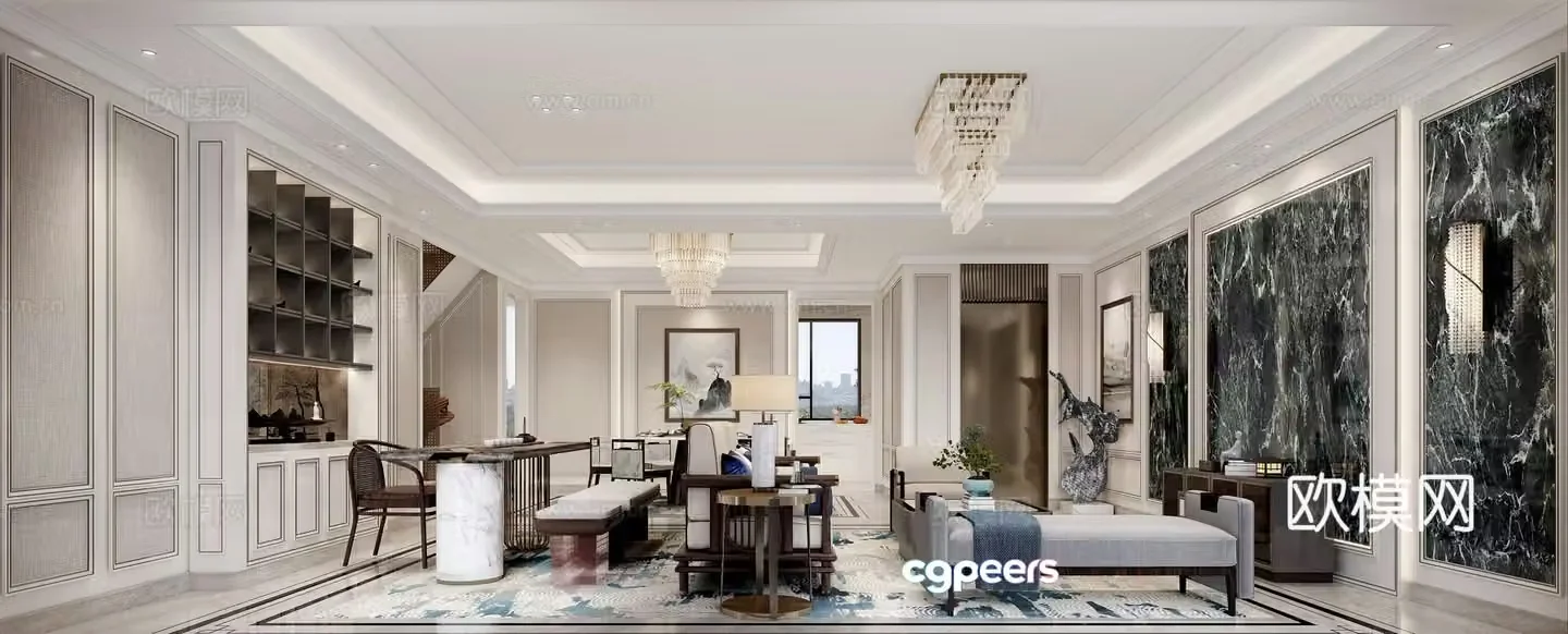 New Chinese style living and dining room sofa combination 3D model