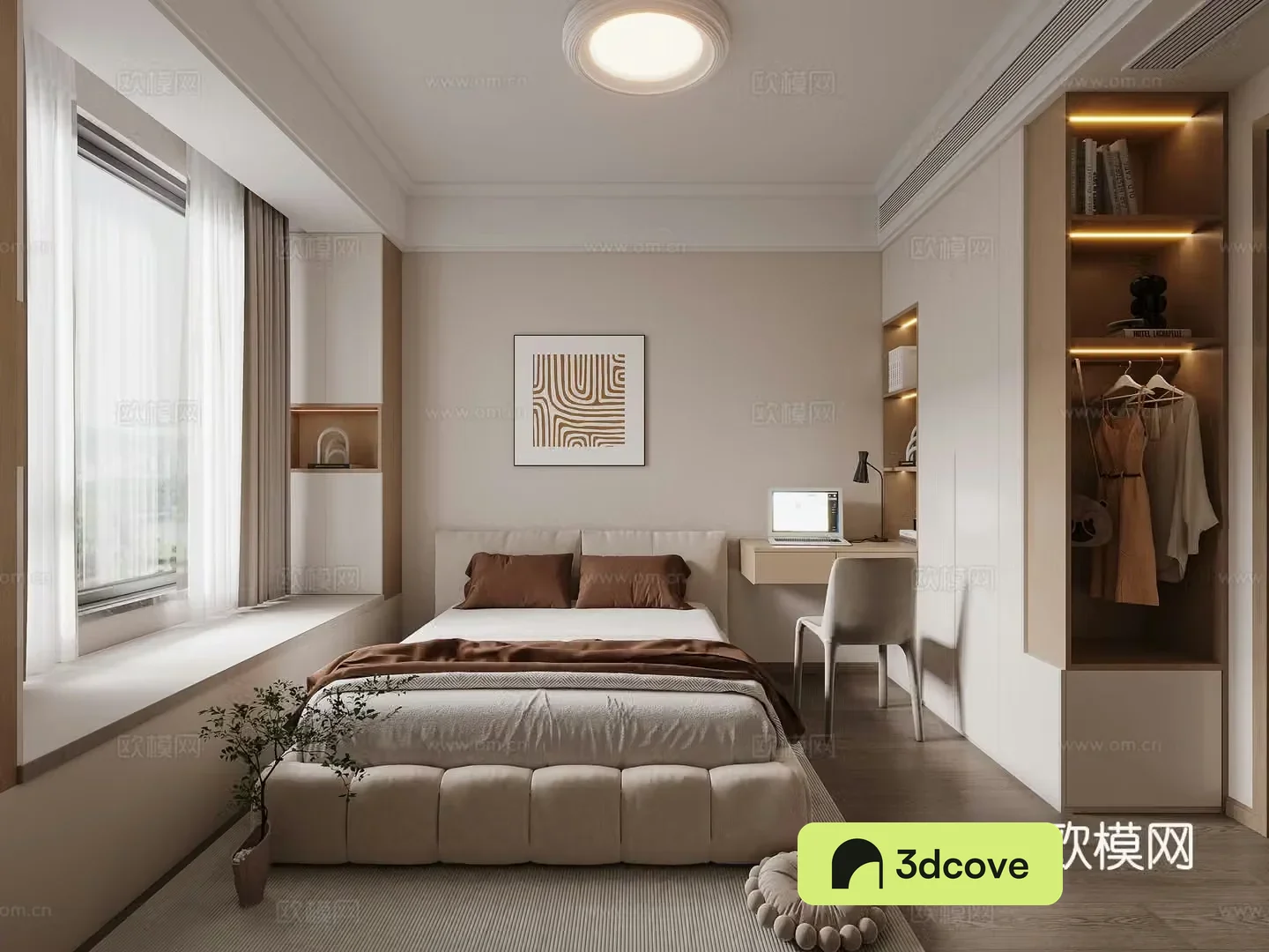 Modern Secondary Bedroom Desk Link Wardrobe Chair Hanging Painting