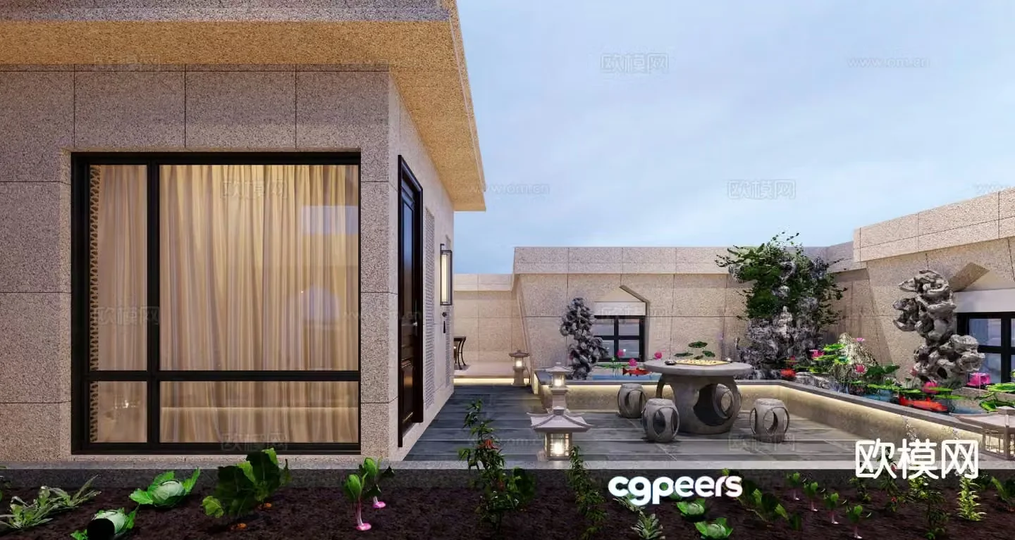Modern balcony terrace roof garden 3d model