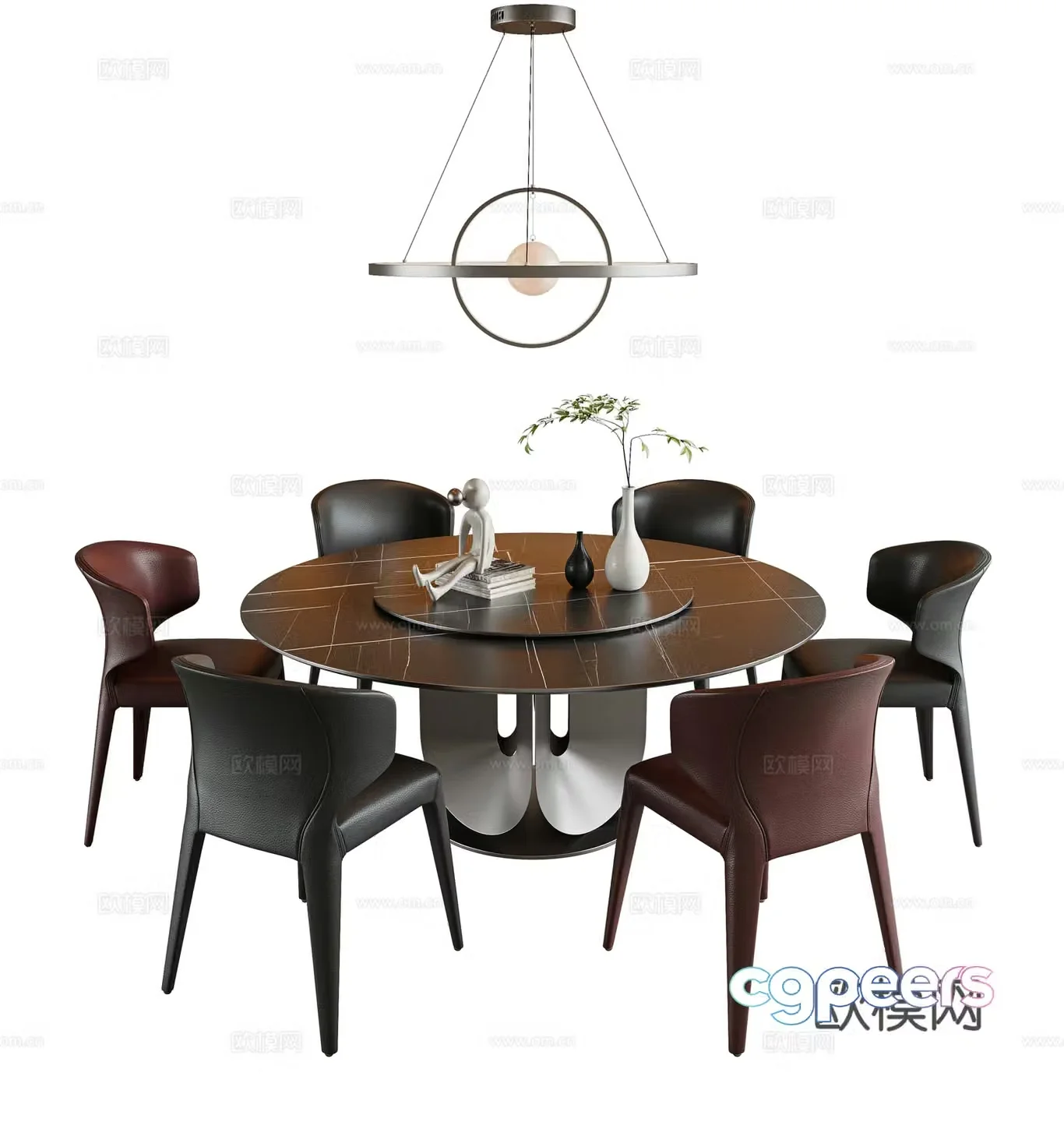 Italian dining table and chair combination round dining table rock table leather dining chair single chair book chair gold 3d model