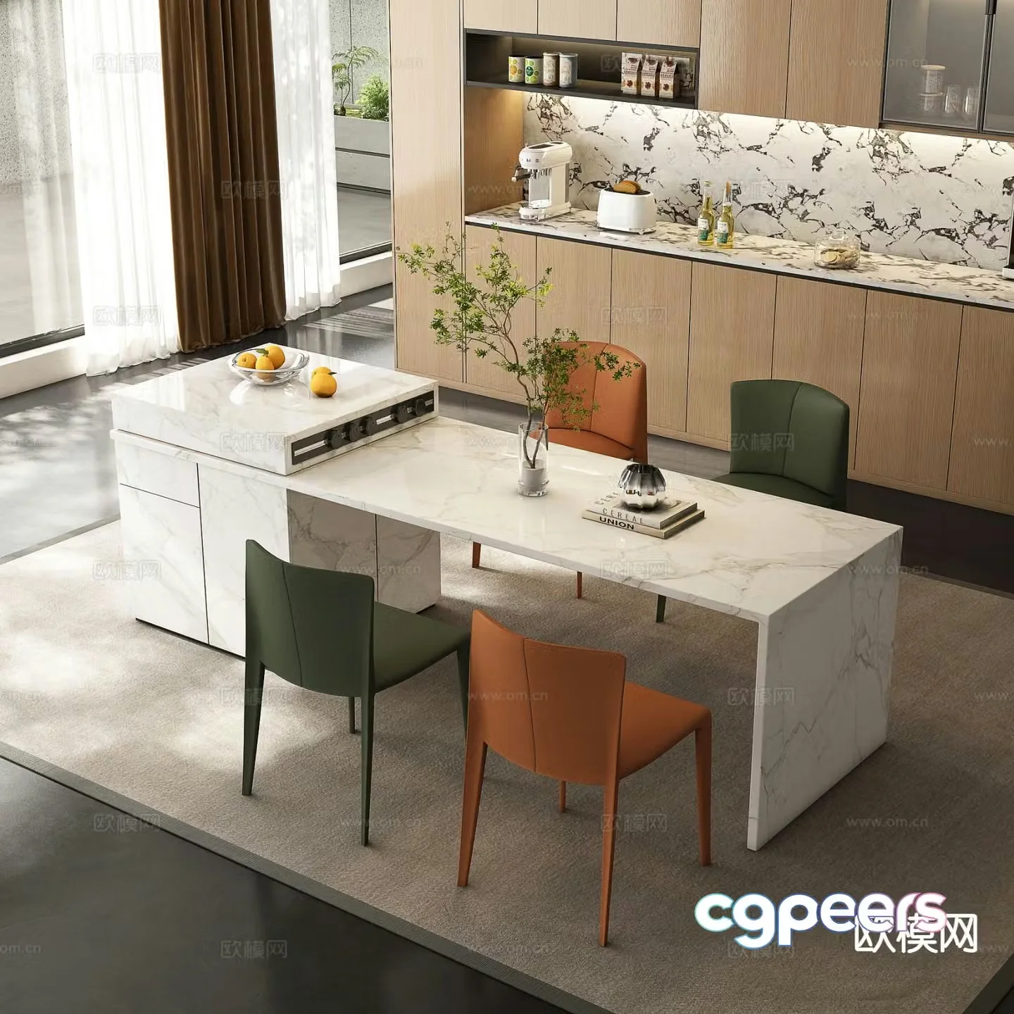 Modern island table dining table and chairs 3d model