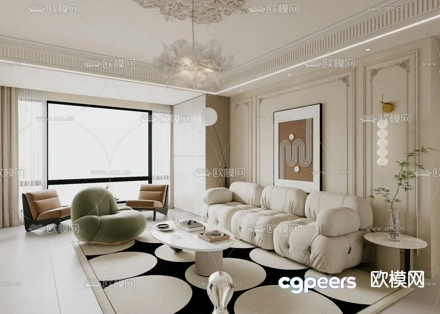 French living room and restaurant creamy style living room and restaurant 3d model