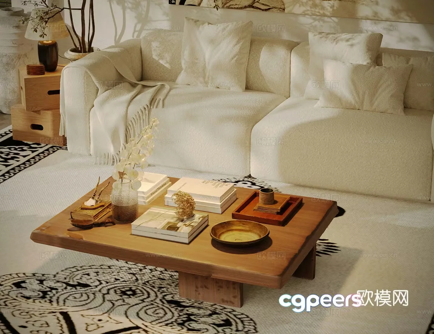 Middle-aged style tea table log style tea table medieval style ornament combination multi-person sofa side table potted 3D model