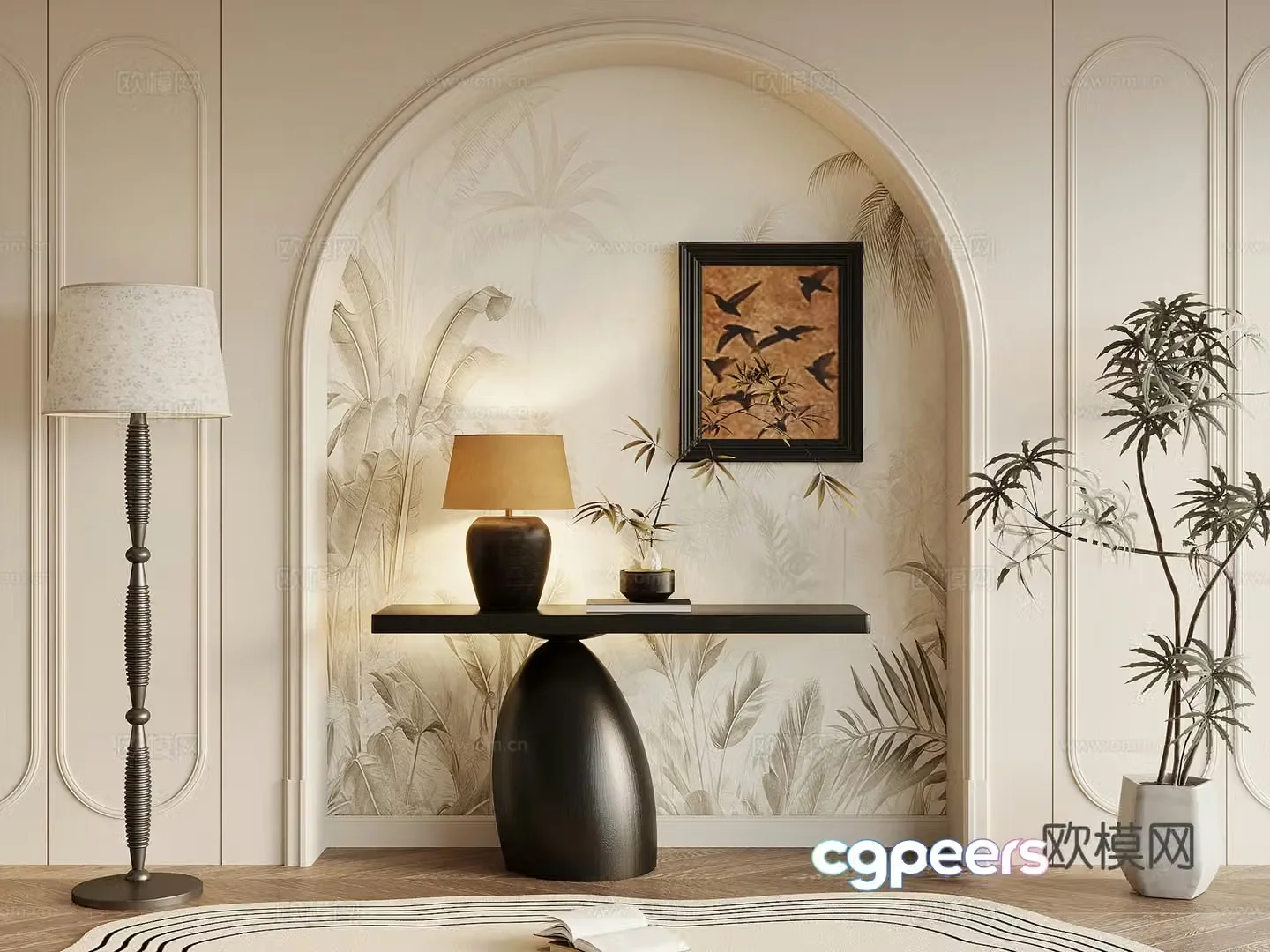 French retro style view cabinet entrance cabinet green plants floor lamp 3D model