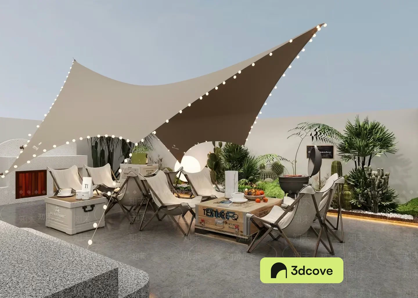 Outdoor Seating Area With A Unique Shade Structure