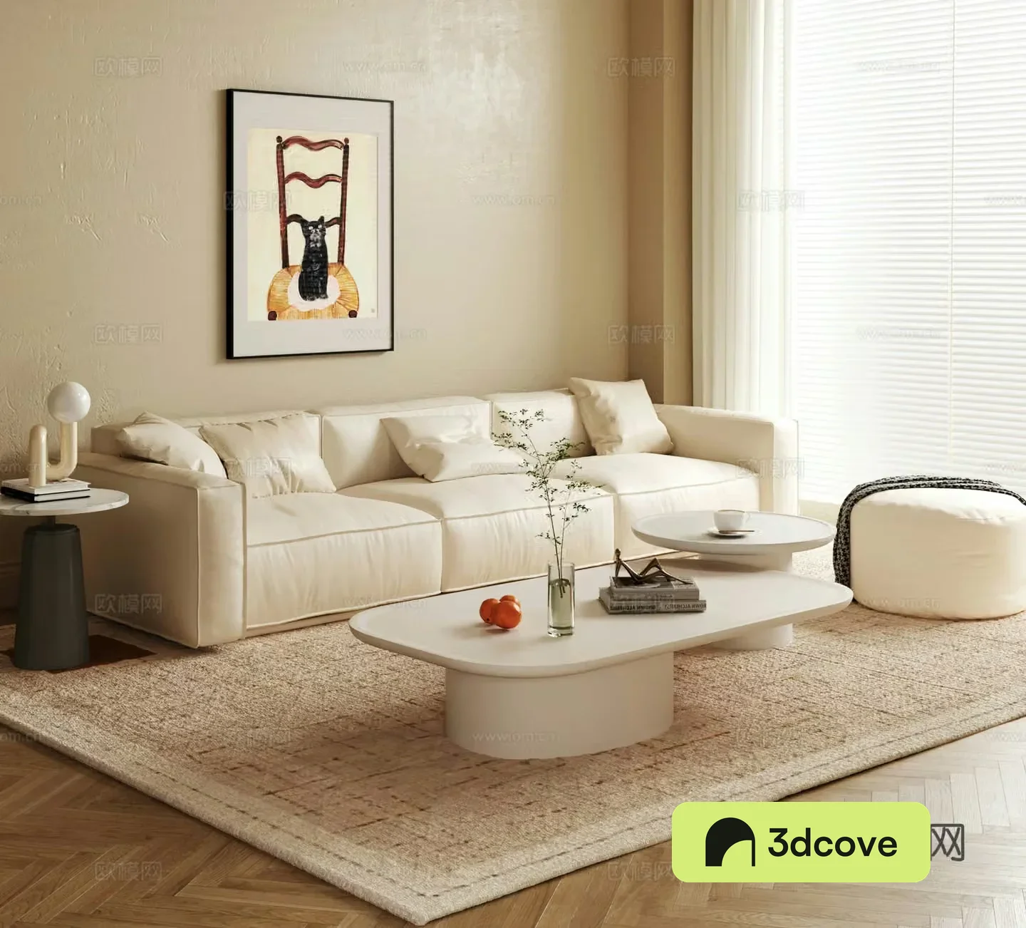 Modern cream style sofa coffee table combination multi-person sofa side table hanging painting