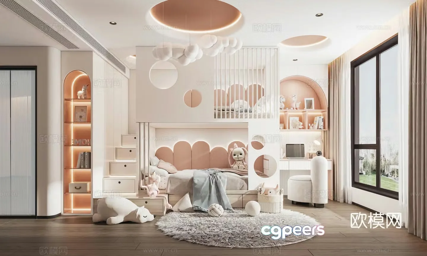 Modern minimalist creamy style children’s girl room 3d model