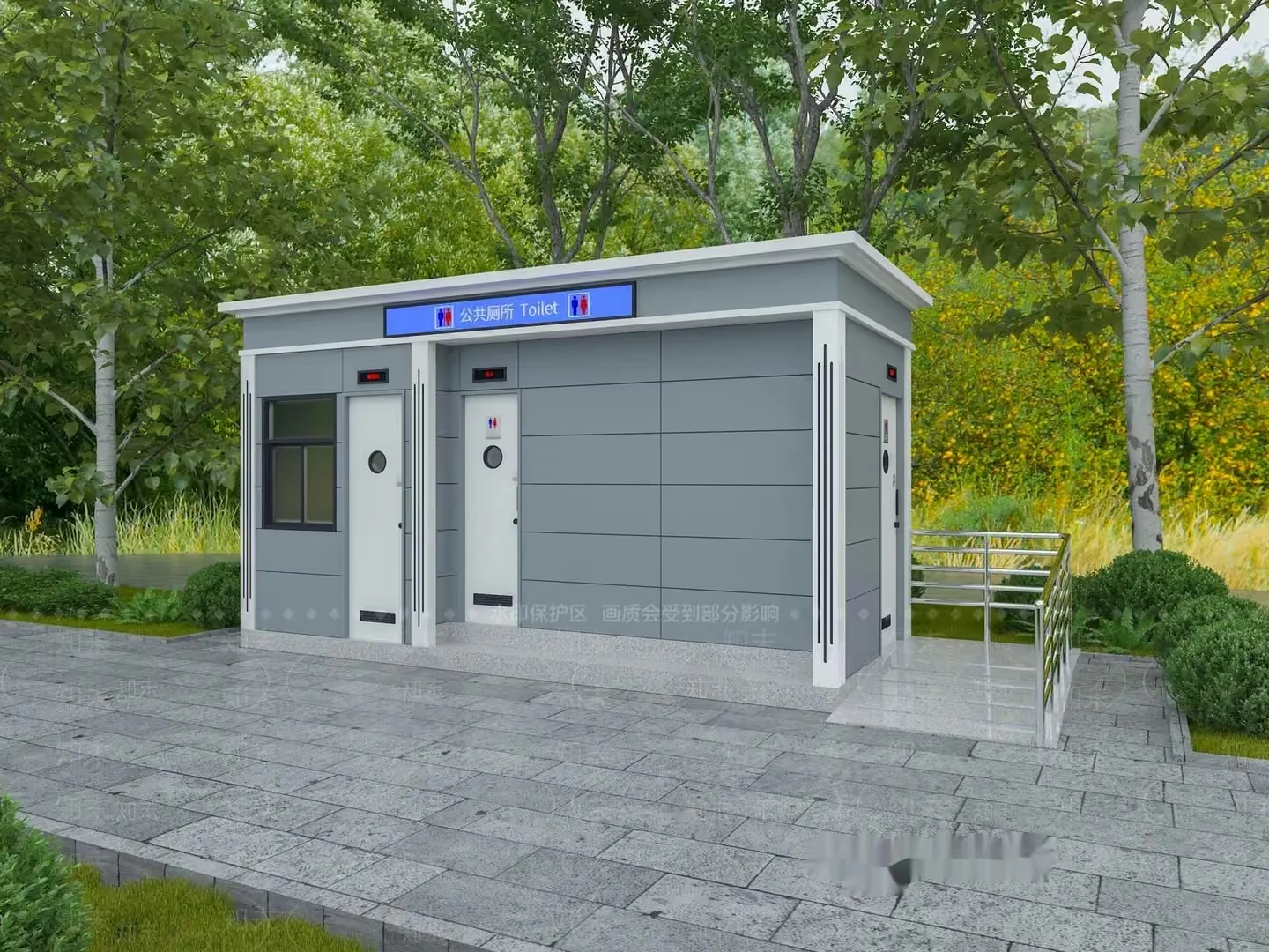 A Small Gray Building With A Sign That Reads Toilet In 3D Model – 17736 – VRAY Render