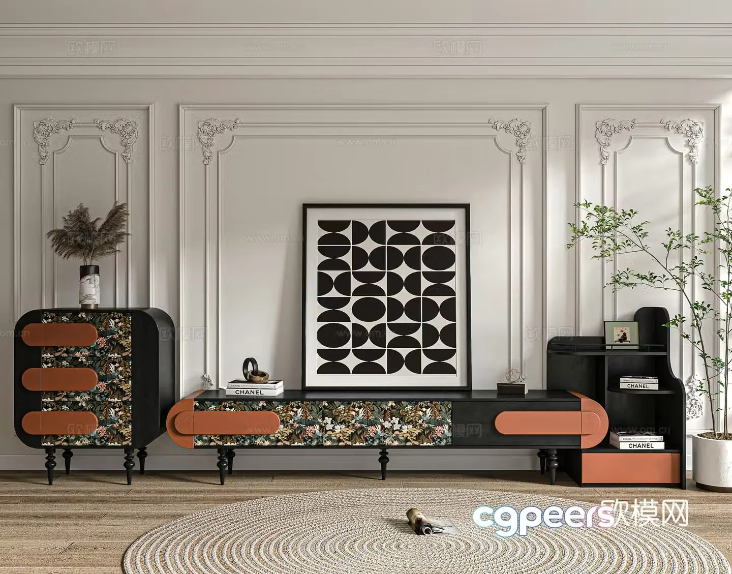 French retro living room TV cabinet combination 3D model
