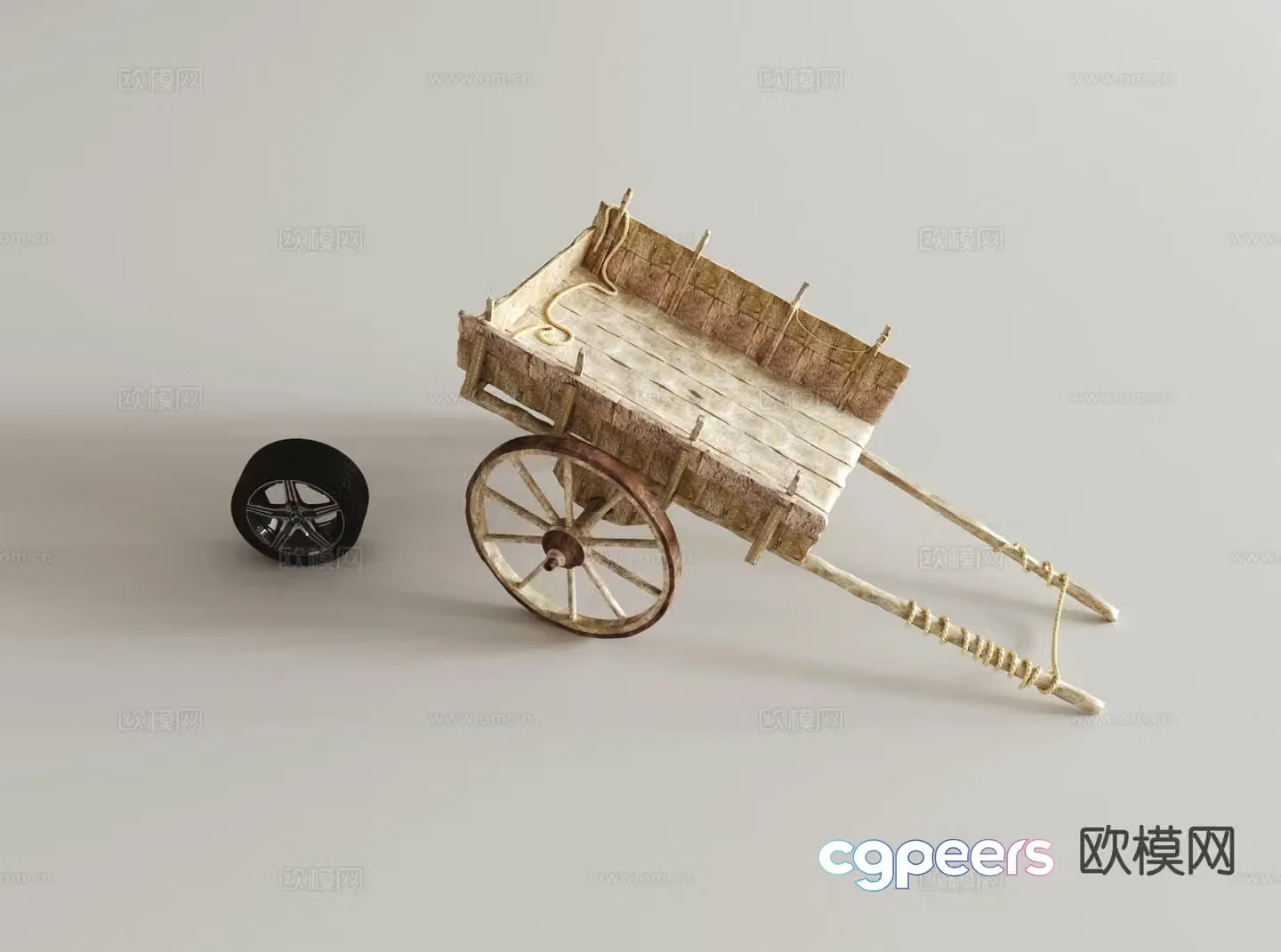 Chinese style old wooden cart landscape sketch 3D model