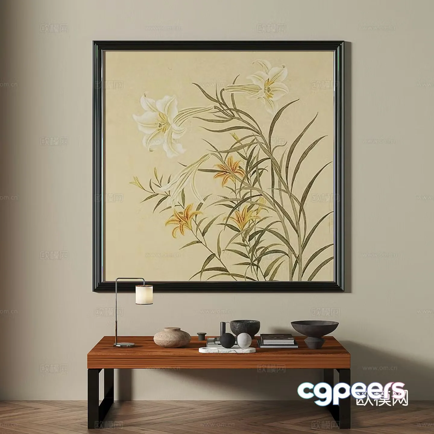 Middle style lily hanging painting decorative painting 3d model