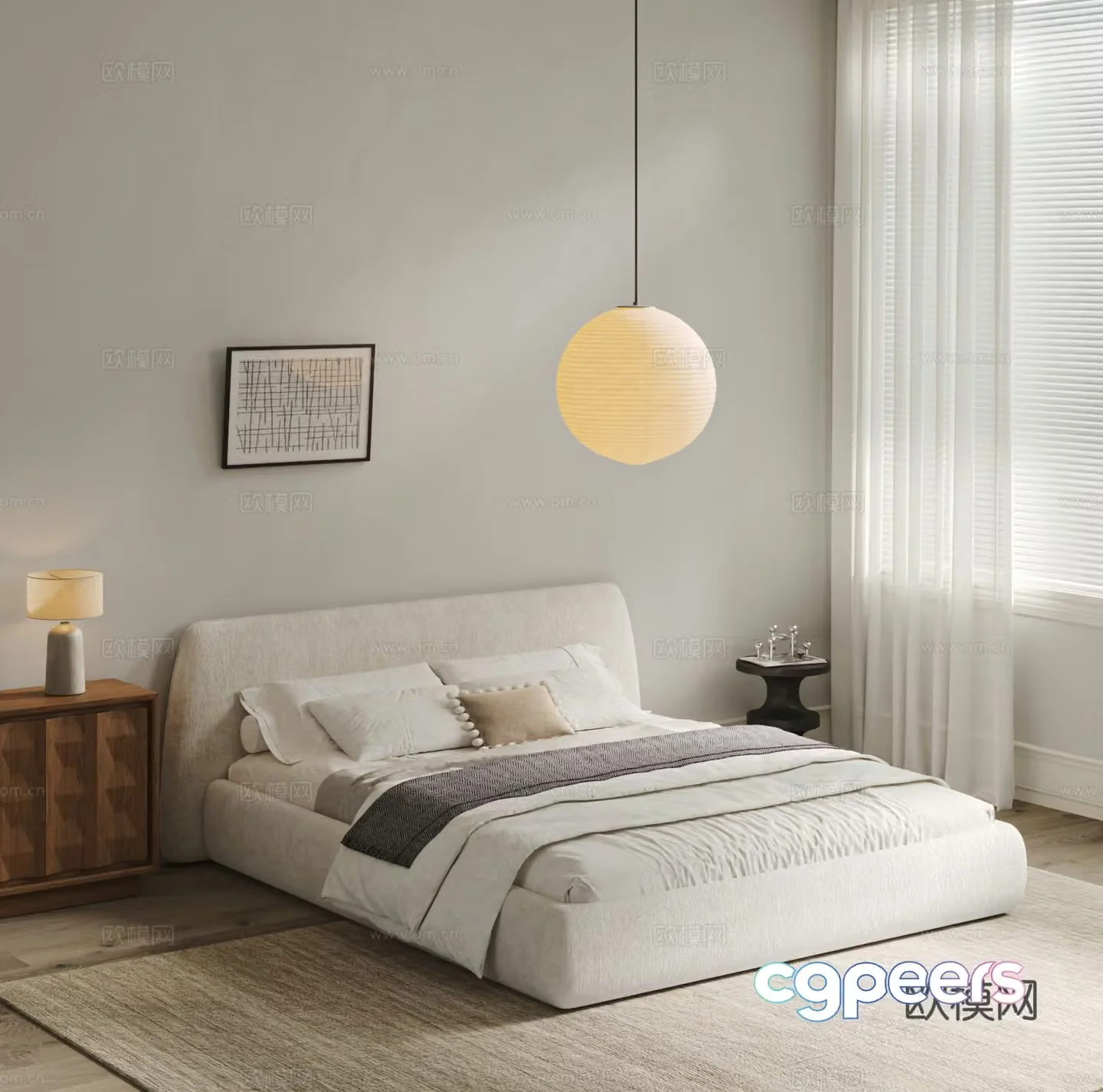 Modern cream style double bed bedroom fabric bedding bedding chandeliers carpet nightstand 3d model