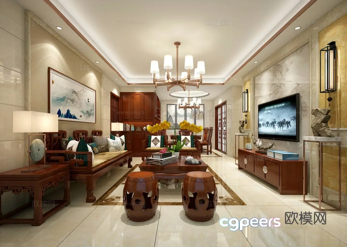 New Chinese style Chinese living and dining room 3D model