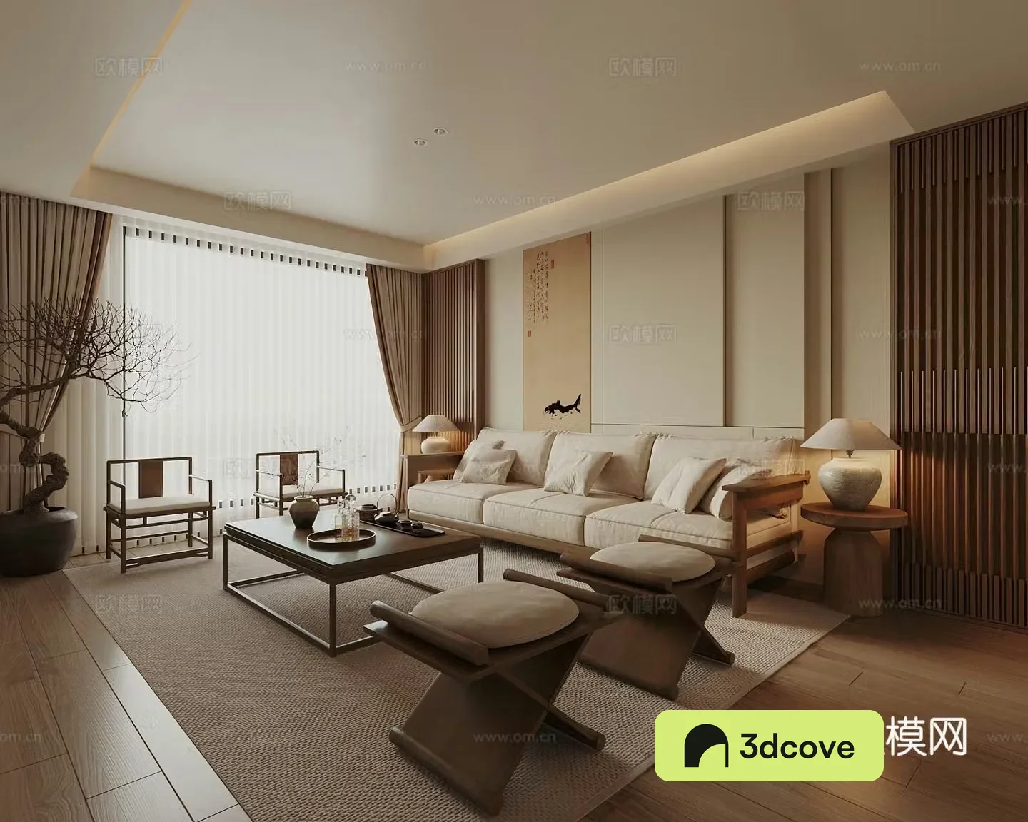 Song style living room new Chinese style living room sofa and coffee table combination leisure chair background wall potted