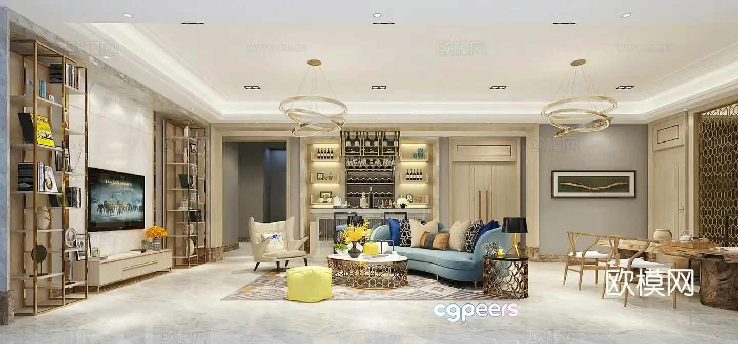 New Chinese style living room living room sofa coffee table dining table chair living room chandelier hanging painting 3D model