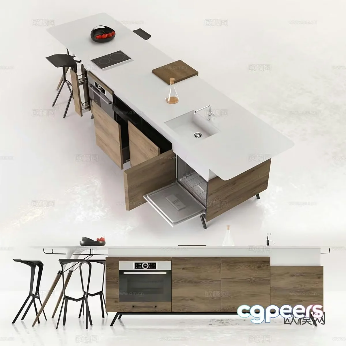 Modern island table dining table and chairs bar counter 3D model