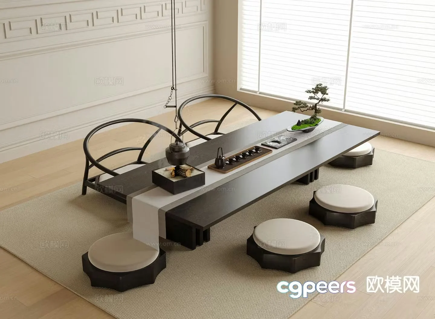 Chinese tatami tea table and chairs tea set tuanfu 3d model