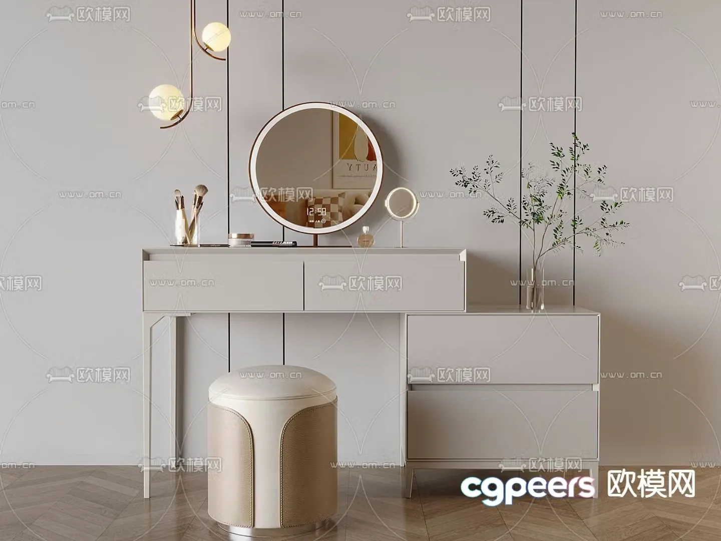 Modern dressing table milk tea color dressing table retractable dressing table 3d model