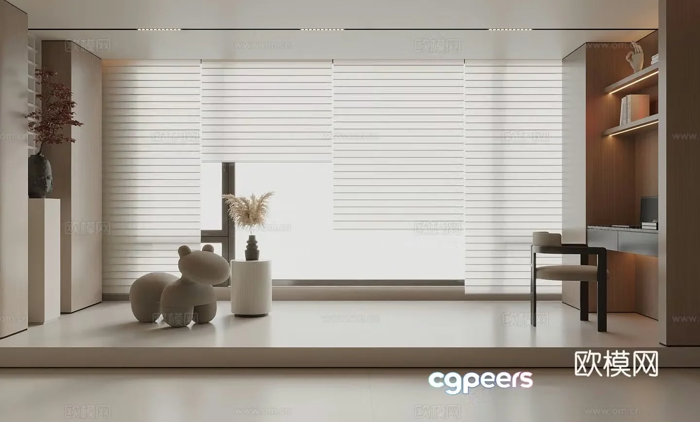 Modern Shangri-La Curtain Venetian Curtain Recessed Desk and Chair 3D Model