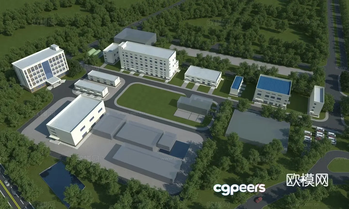 Aerial view 3D model of factory building
