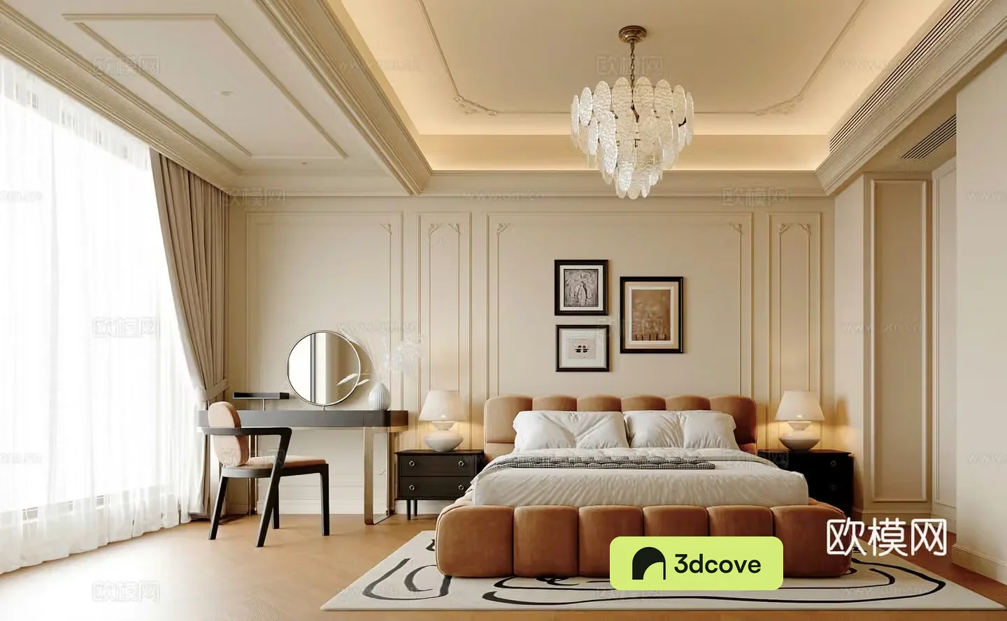 Modern French home bedroom master bedroom double bed dressing table hanging painting chandeliers