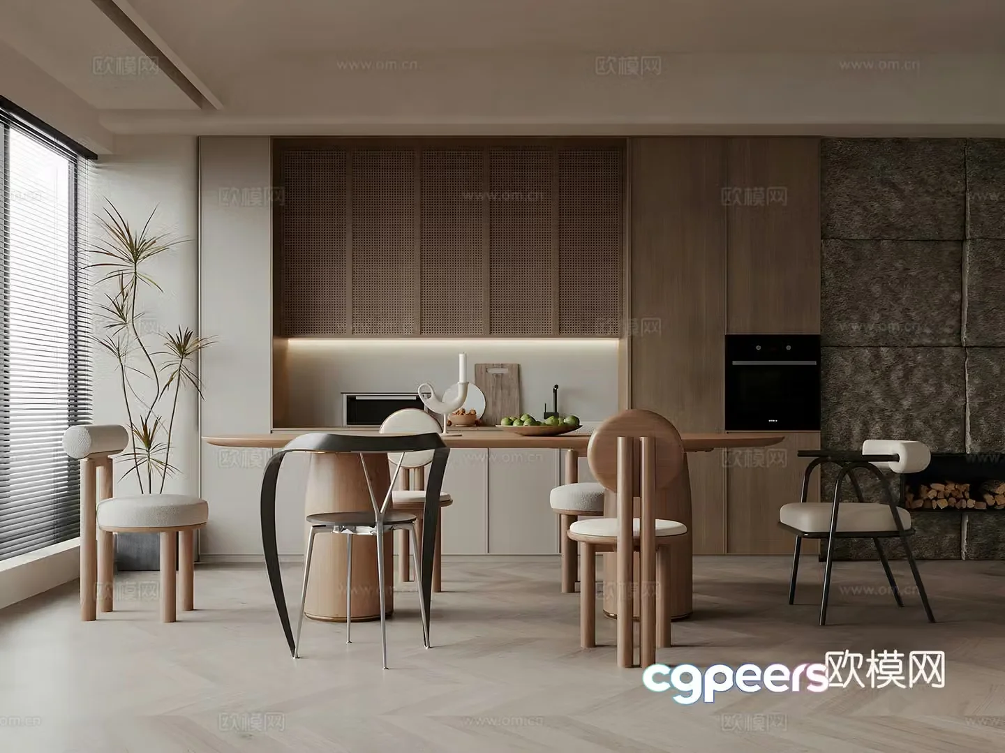 Middle style home restaurant Open restaurant Log style home restaurant Log style sideboard 3D model