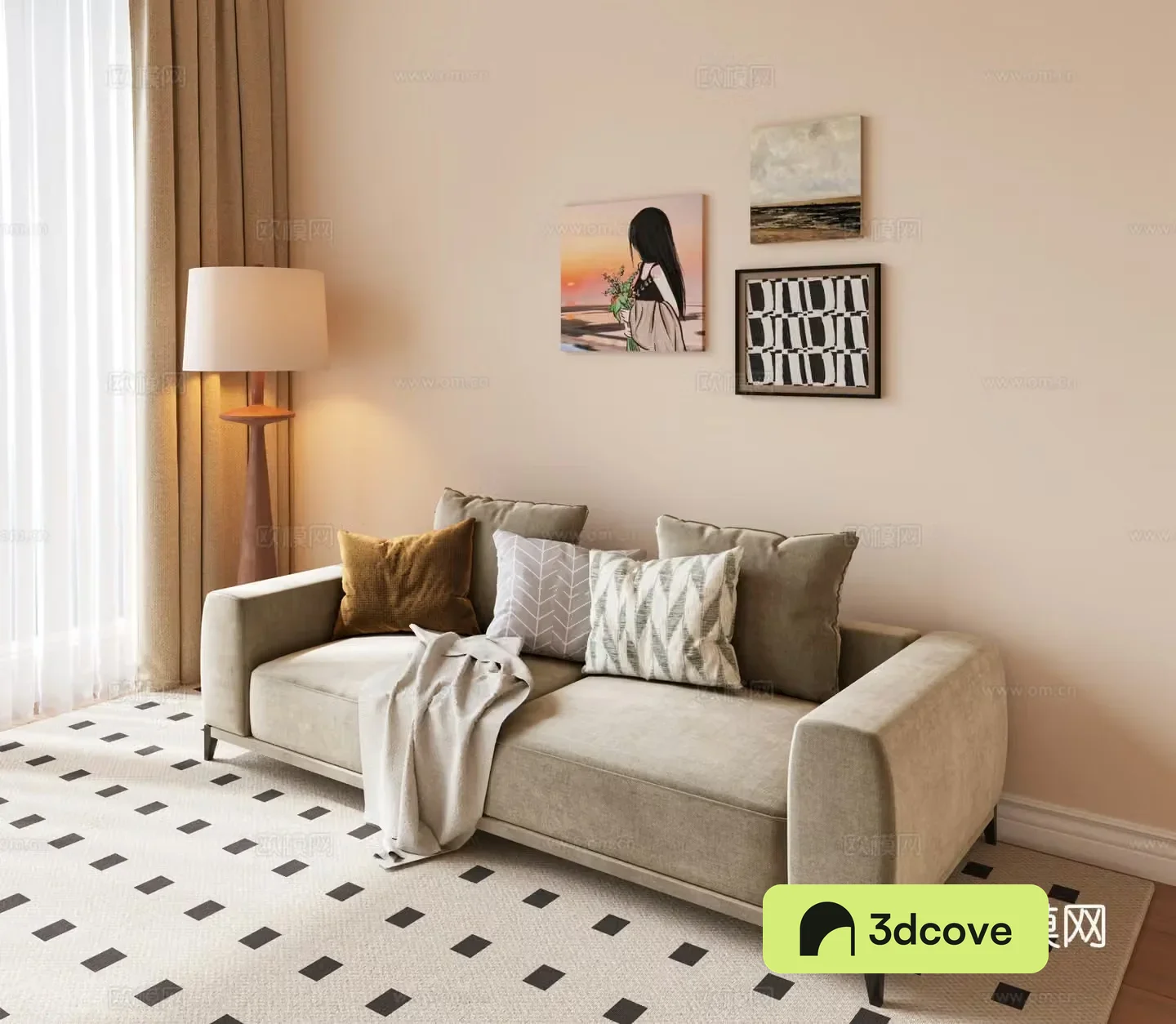 Modern double sofa with handrails Fabric sofa Modern decorative painting Modern sofa Floor lamp