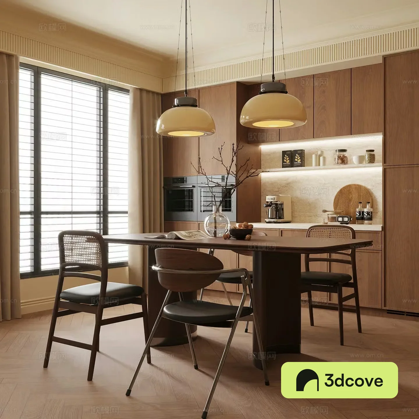Middle-aged restaurant wine cabinet dining table and chair combination 3D model