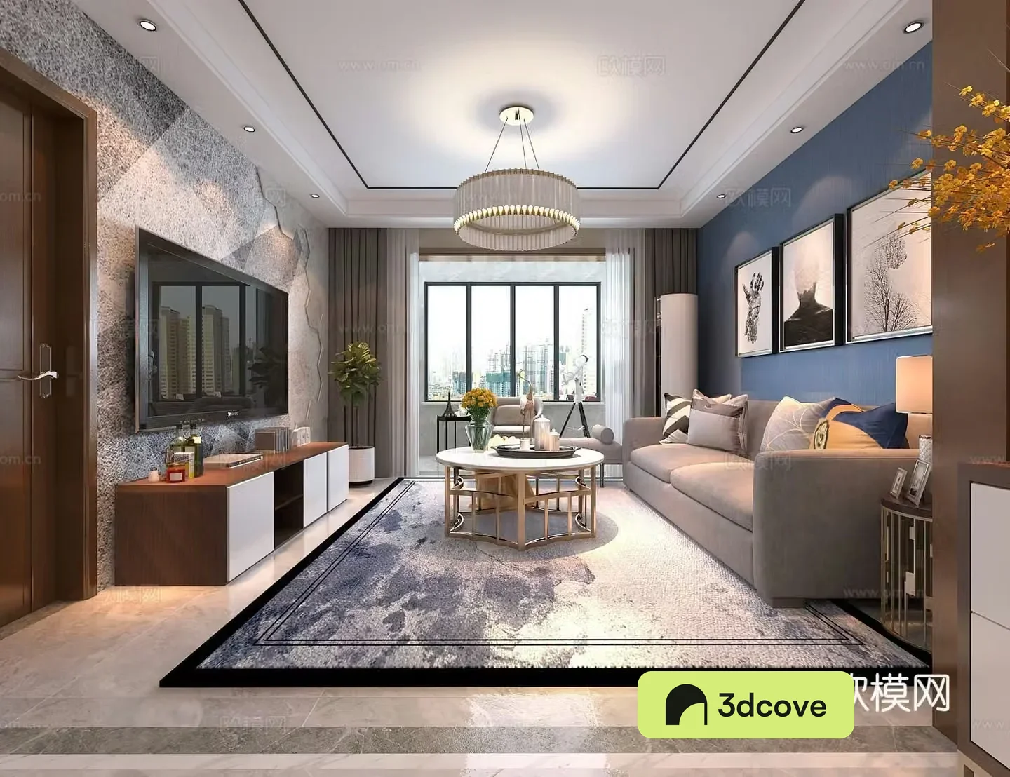 Modern living and dining room 3D model Dining table and chairs Sofa coffee table Chandelier Desktop ornaments Hanging painting