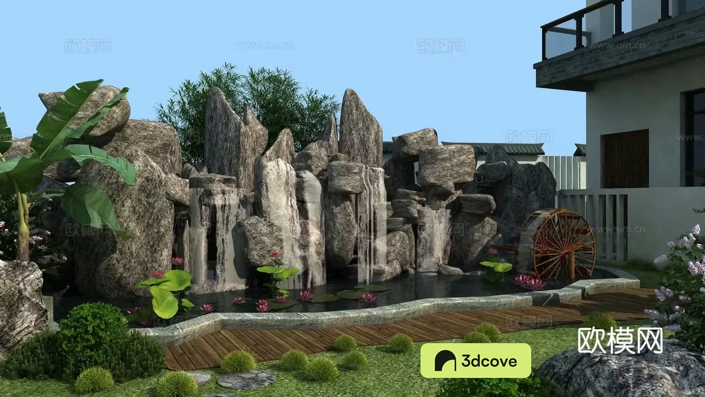 New Chinese style rockery waterfall and flowing water lotus pond