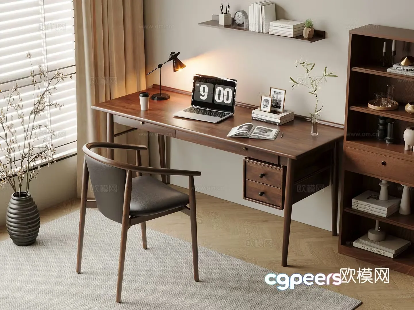 Middle-aged style desk and chair solid wood computer desk and chair writing desk study desk and chair solid wood single chair bookcase 3D model