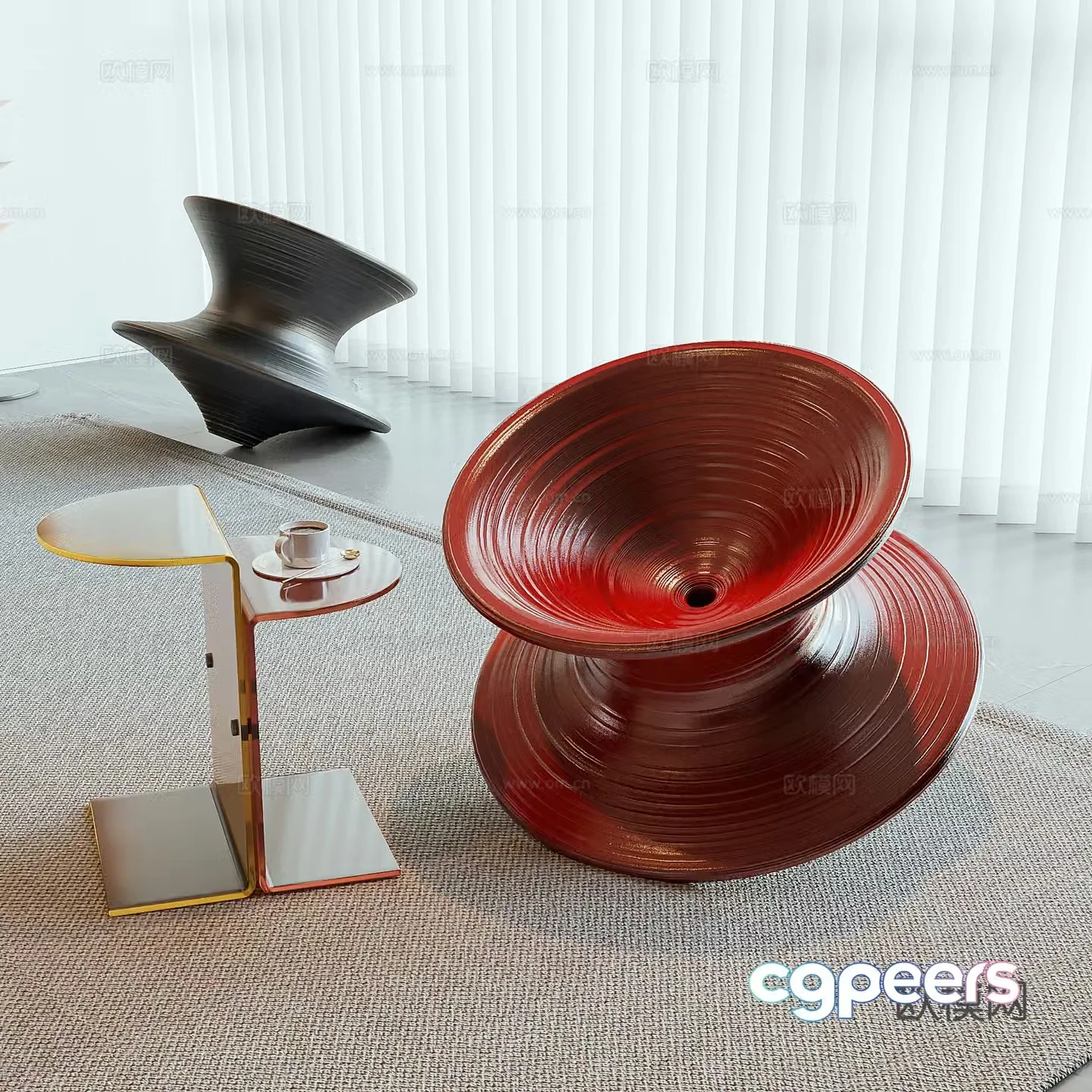 Modern leisure chair Gyro leisure chair Acrylic coffee table Gyro ornaments Dream curtain Carpet 3D model