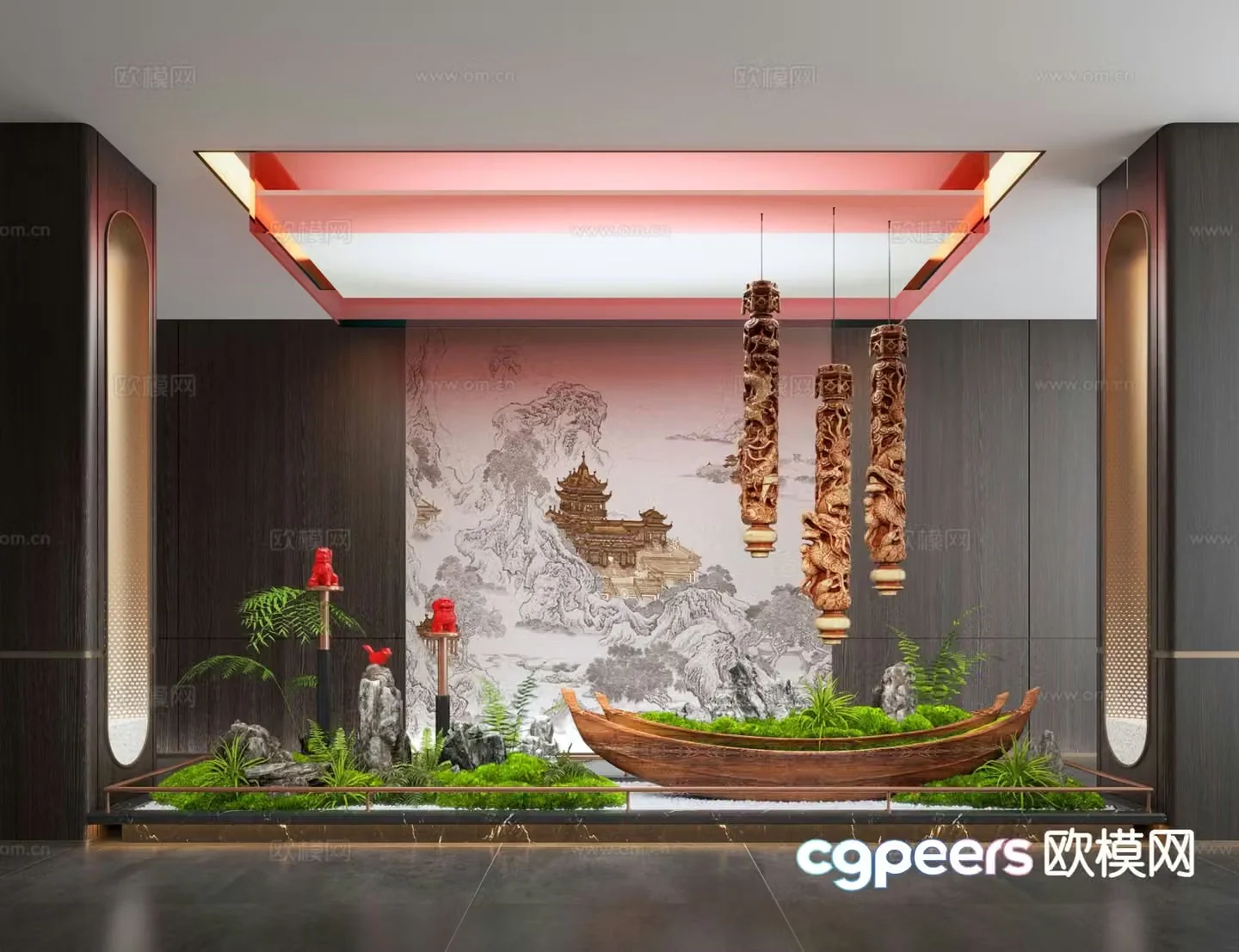 New Chinese style indoor landscape green plant landscaping 3D model